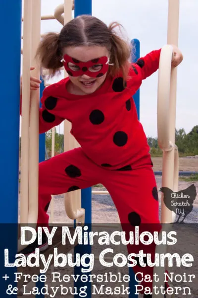 young girl in homemade miraculous ladybug costume on a playground