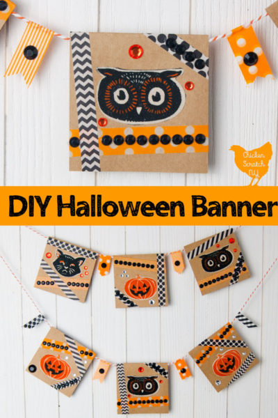 two image collage of DIY Halloween Banner made with kraft paper note cards and washi tape