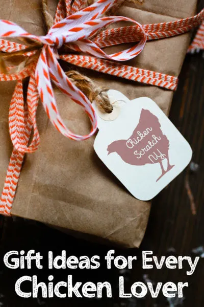 gift box wrapped in kraft paper with red and white ribbons and a white tag with a red chicken against a black background with text overlay Gift Ideas for Every Chicken Lover