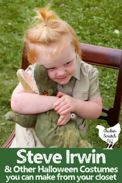 young blonde girl in a khaki saffri shirt hugging a stuffed crocodile for a Steve Irwin Halloween Costume