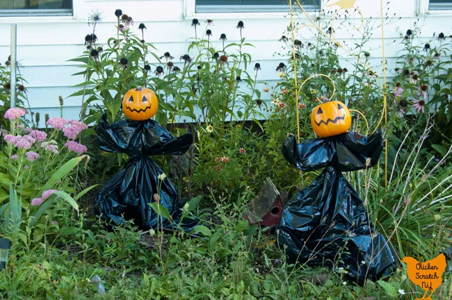 garden stakes turned onto a Halloween garden sculpture with a small fake pumpkin, trash bag and zip ties standing in a late summer garden