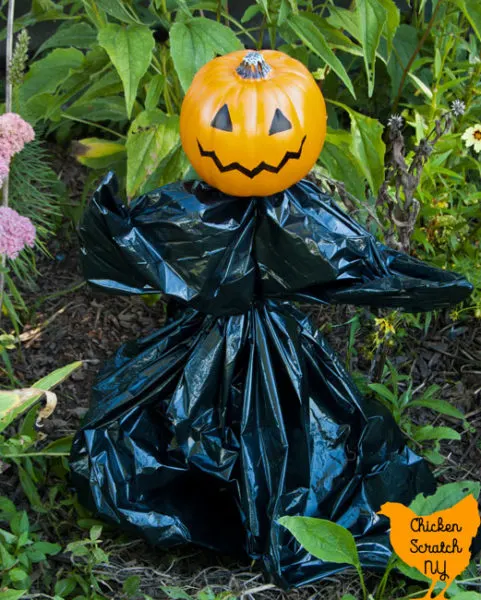 garden stake turned onto a Halloween garden pumpkin goblin with a small fake pumpkin, trash bag and zip ties standing in a late summer garden