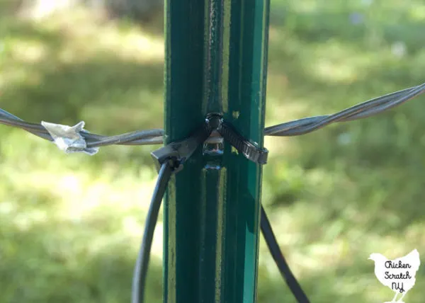 metal fence post with wire arms zip tied on