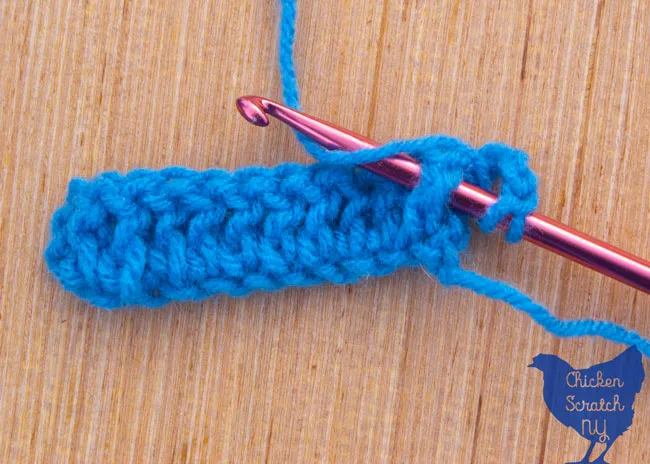 crocheting around the post to the front in blue super saver yarn