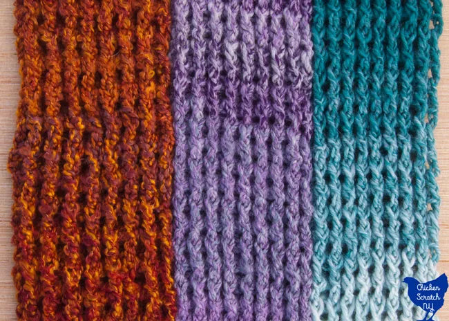 three scarves crocheted around the post in Homespun yarn, Barcelona yarn and Selfie yarn
