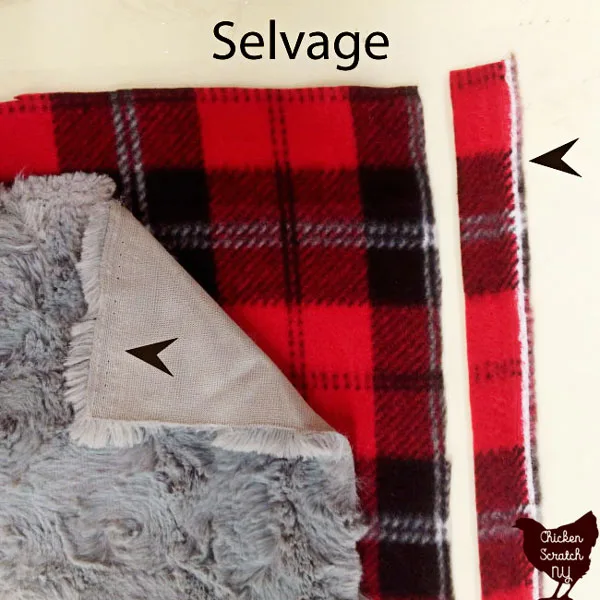 showing the selvage edges of a piece of fake fur and a piece of plaid printed flannel