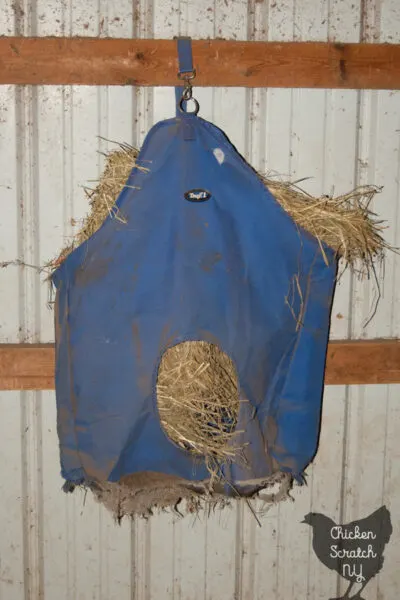 beat up hay bag used for two alpacas