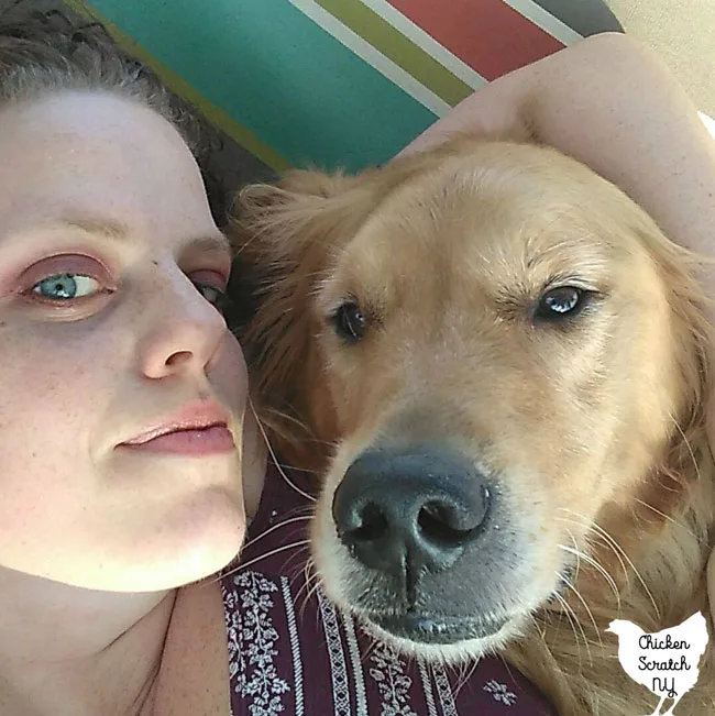 golden retriever in a hammock with a woman