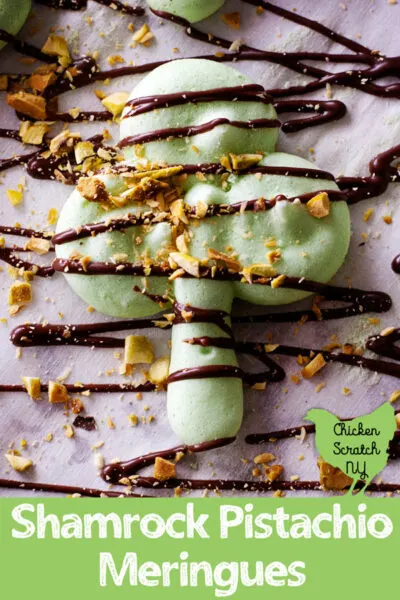 shamrock shaped Pistachio Meringue drizzled with chocolate and topped with chopped pistachios