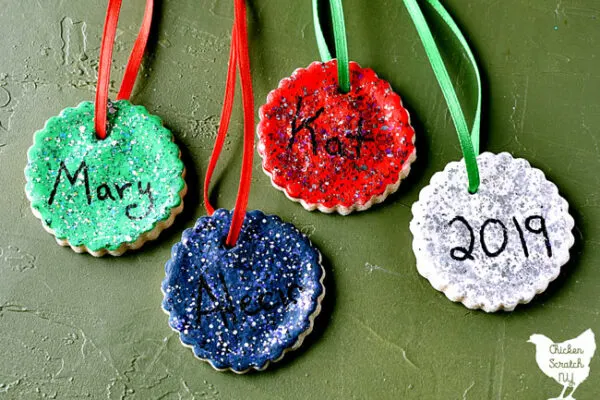 salt dough ornaments painted with glitter nd hand written names