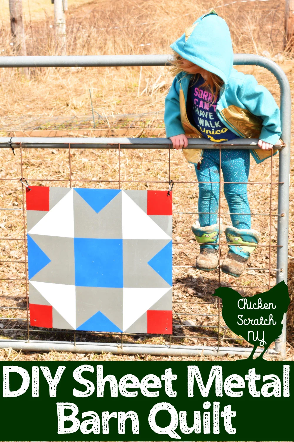 little girl on gate with DIY sheet metal barn quilt block