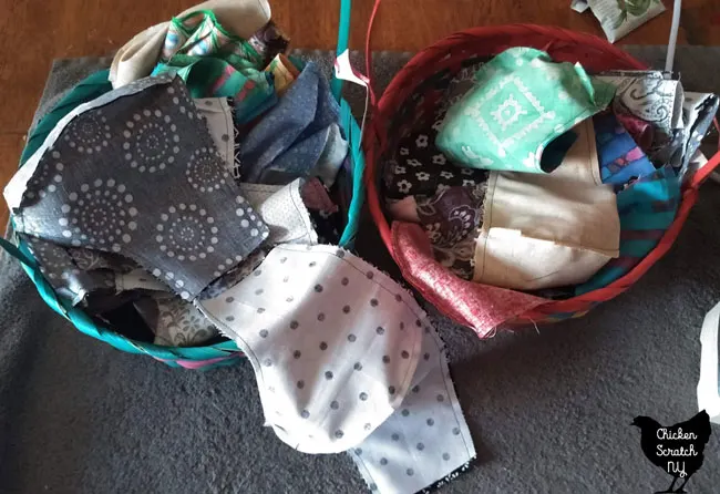 Easter baskets full of partially finished face masks chain pieced together 