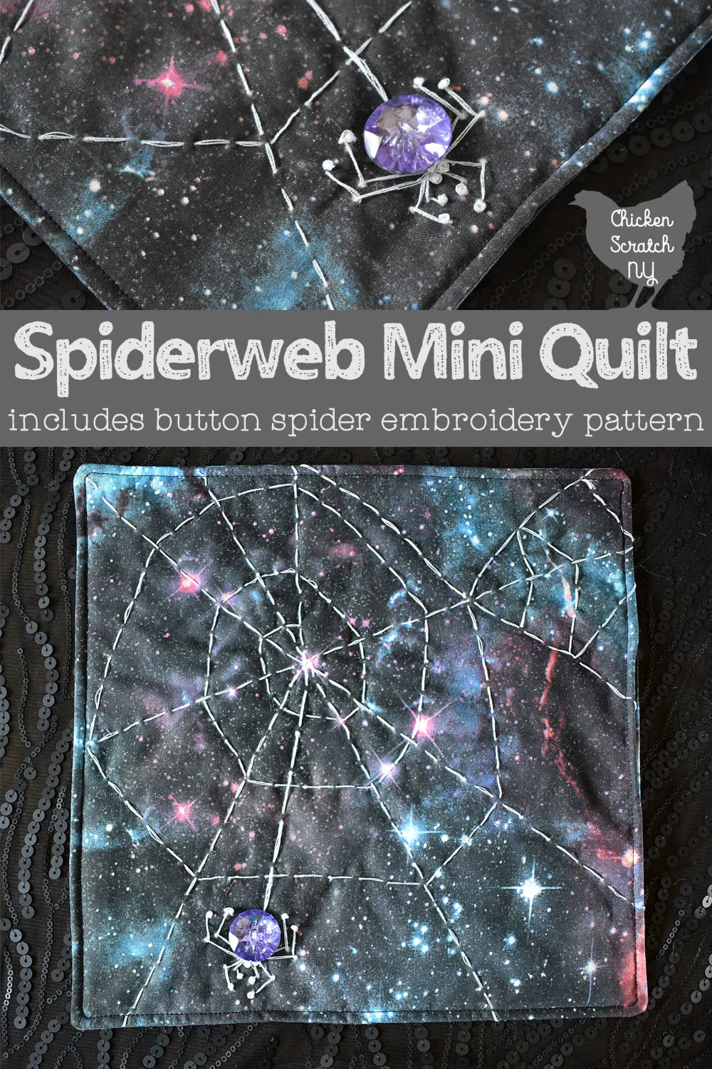 small square spiderweb mini quilt with hand embroidery on galaxy print fabric with a crystal button spider