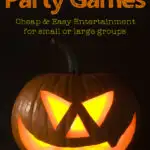 glowing jack o lantern face with text overlay Halloween Party Games