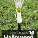 skeleton hand with glowstick necklace and tag for five points with text overlay Cheap & Easy Halloween Party Games