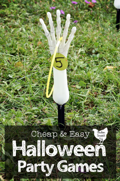 skeleton hand with glowstick necklace and tag for five points with text overlay Cheap & Easy Halloween Party Games