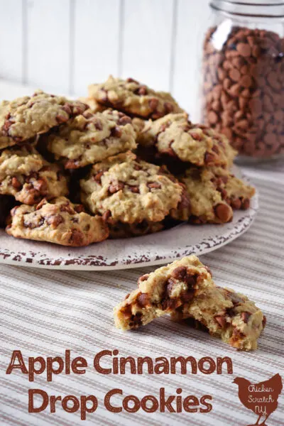 apple cinnamon drop cookies on a white plate with a mason jar filled with Hershey cinnamon chips