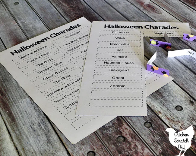 Halloween Charades game for a party printed on cardstock
