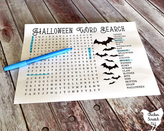 difficult printable Halloween word search with blue highlighter 