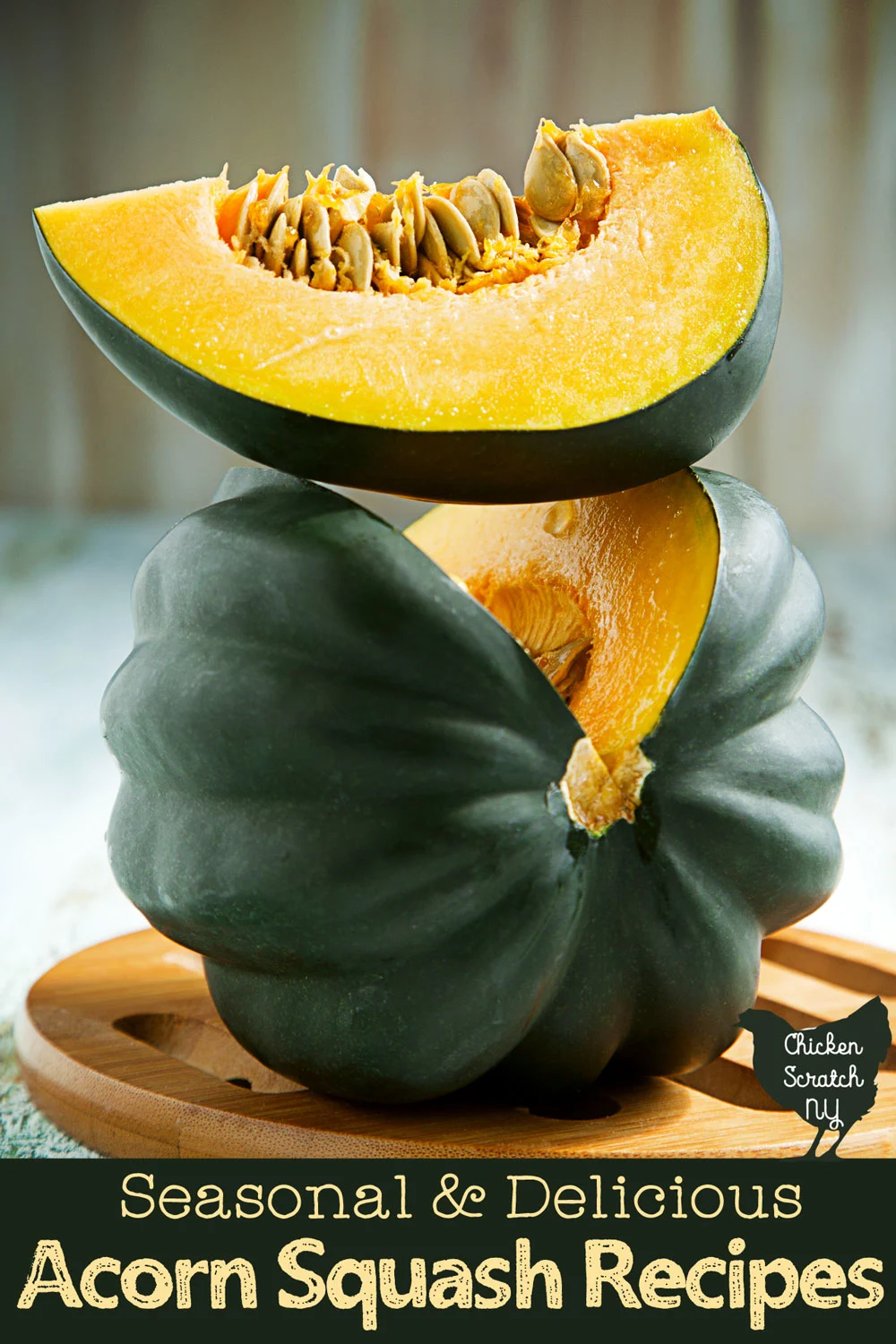 sliced green acorn squash with text overlay acorn squash recipes