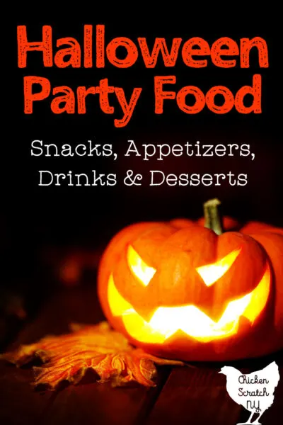 illuminated jack-o-lantern with text overlay Halloween Party Food