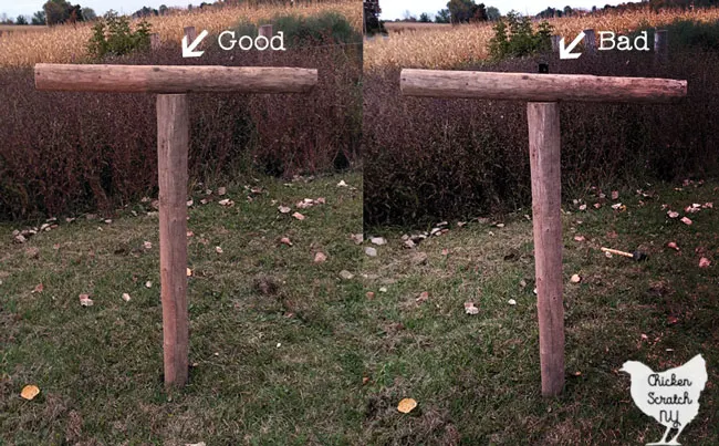 side by side image showing the difference between the correct post placement and incorrect when making a spooky Halloween scarecrow