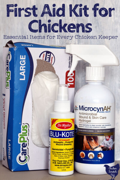 box of disposable gloves, blu-kote and microcynAH spray with text overlay "First Aid Kit for Chickens"