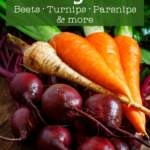 carrots, beets and a parsnip with green on a cutting board with text overlay "how to grow and eat root vegetables"