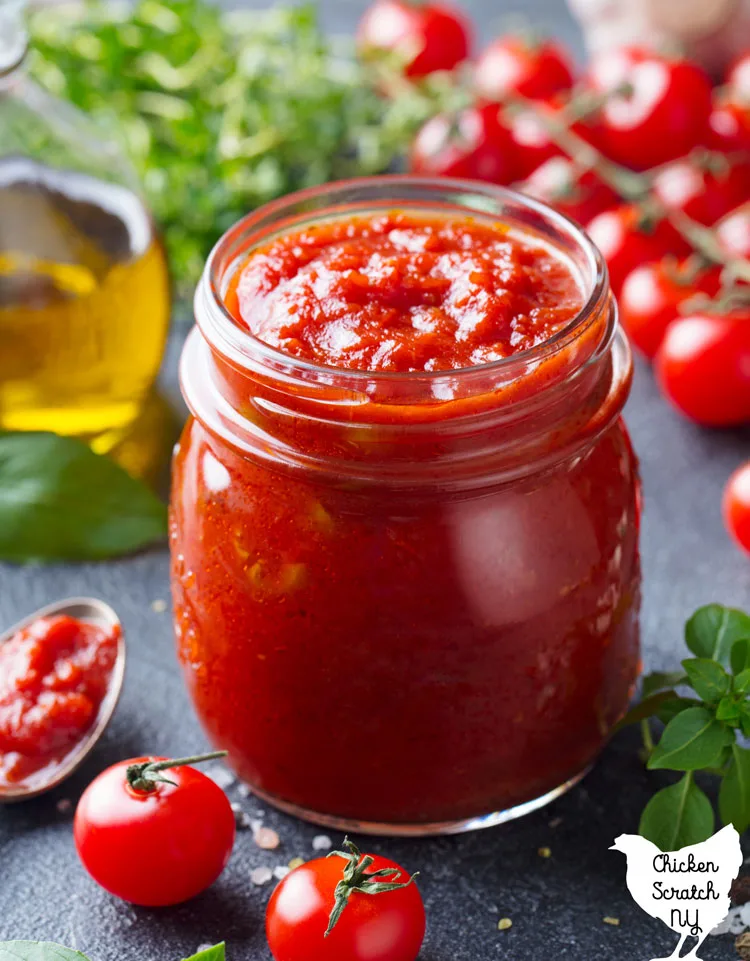 small glass jar filled with red toamto sauce surrounded by other sauce ingredients