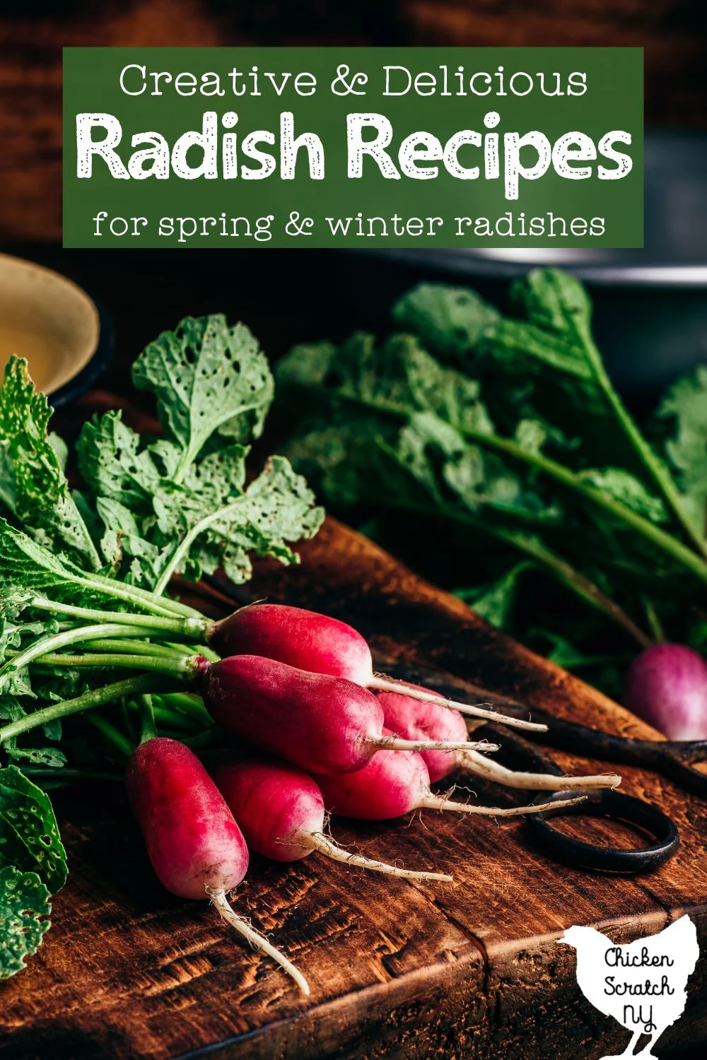 radishes on a cutting board with text overlay "creative and delicious Radish recipes for spring & winter radishes"