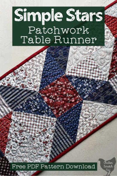 top view of center block of patchwork table runner made from HST in red, white and blue