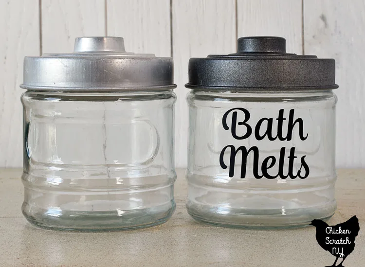 glass jar from the dollar tree with a painted lid and a vinyl label for "Bath Melts"