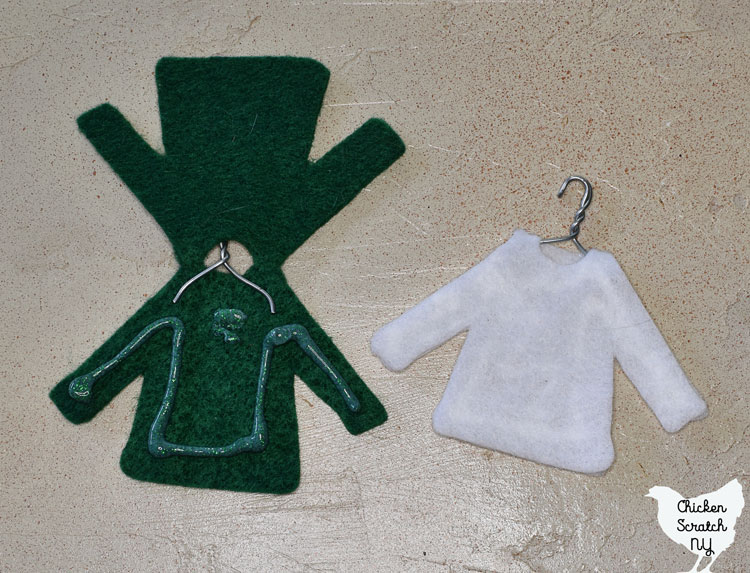 green and white sweater ornaments cut from felt