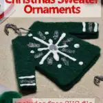 green felt ugly Christmas sweater ornament with white and silver snowflake made with puffy paint