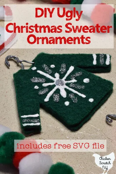 green felt ugly Christmas sweater ornament with white and silver snowflake made with puffy paint