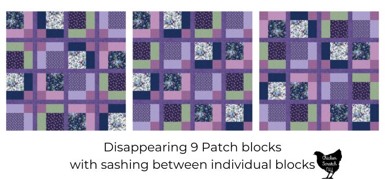 three variations of the disappearing nine patch block made with sashing between the blocks