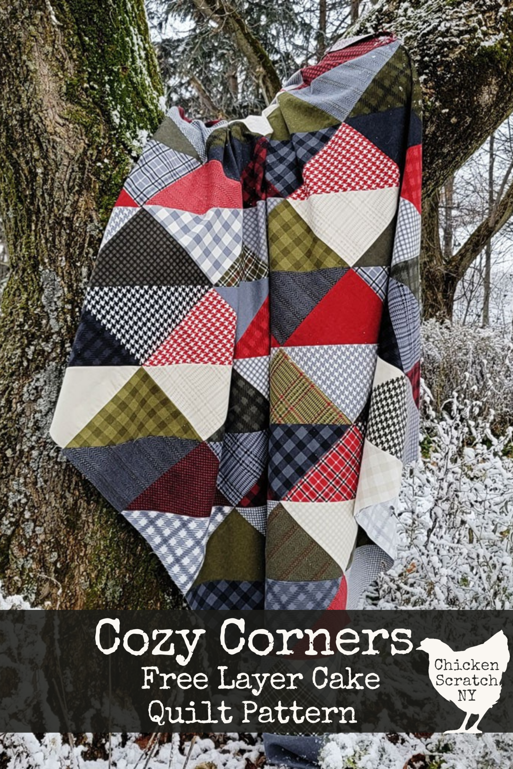 flannel half square triangle quilt hanging over a tree branch in a wintery forest with text overlay "Cozy corners Free layer cake quilt pattern"