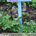 periwinkle blue T shaped sign with "harvest moon" painted in purple letters sticking in a garden bed surrounded by potato plants with text overlay "DIY Garden Signs with free SVG file"