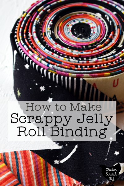 colorful roll of quilt binding made from jelly roll strips with text overlay "how to make scrappy jelly roll binding"