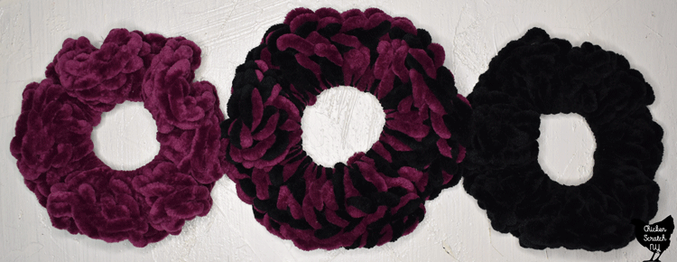 velvet scrunchies made from Chenille Slim yarn in Black & boysenberry 