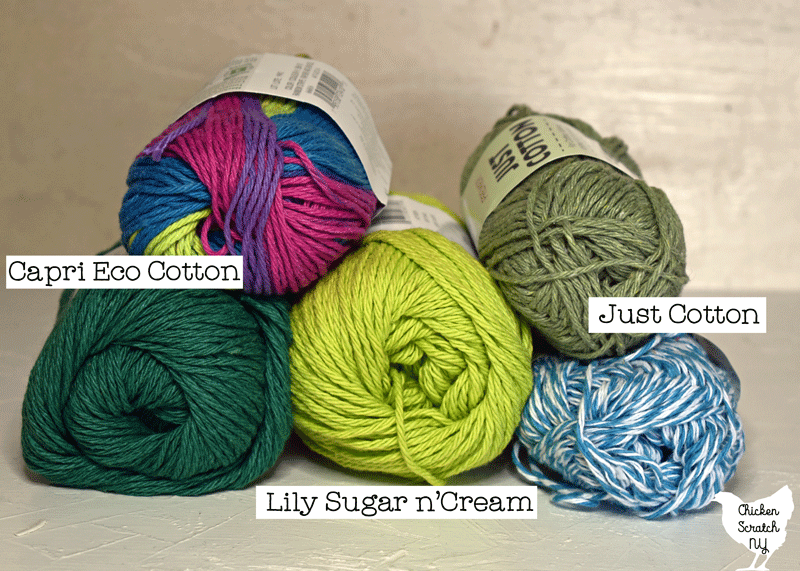 5 skeins of cotton yarn including Just Cotton, Capri Eco Cotton and Lily Sugar'n Cream