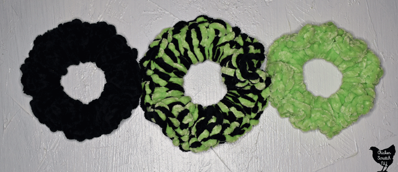 velvet scrunchies made with Dollar Tree Chenille yarn