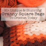 crochet granny squares made with cream, orange, rust and brown yarn with text overlay "granny square bags to crochet"