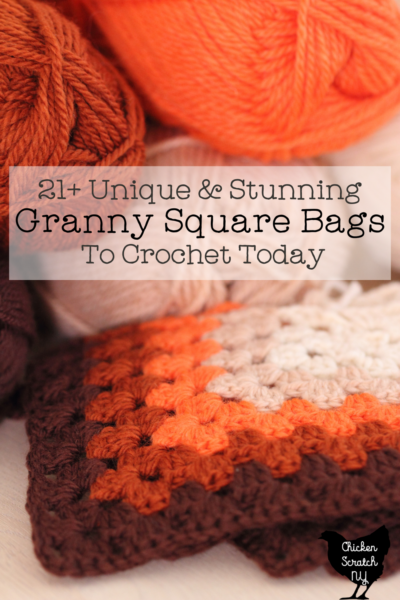 crochet granny squares made with cream, orange, rust and brown yarn with text overlay "granny square bags to crochet"