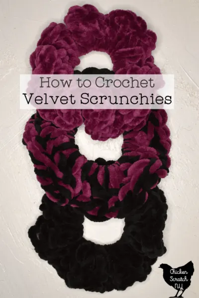 three velevet crochet scrunchies made from Chenille Slim yarn by Loops & Threads