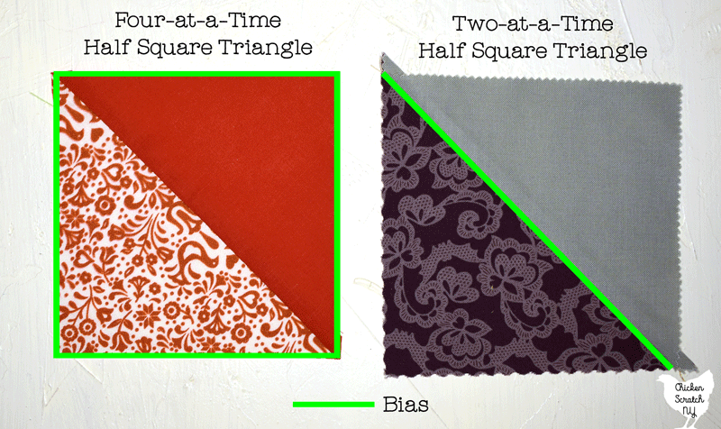 diagram showing the bias directions in two styles of half square triangles