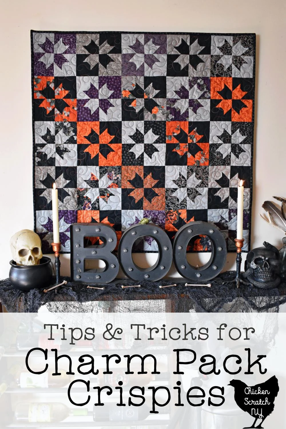 Charm Pack Crispies quilt made with Halloween Fabric Web of Roses