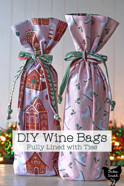tow wine bottle bags made with pink Christmas fabric from Joann Fabric