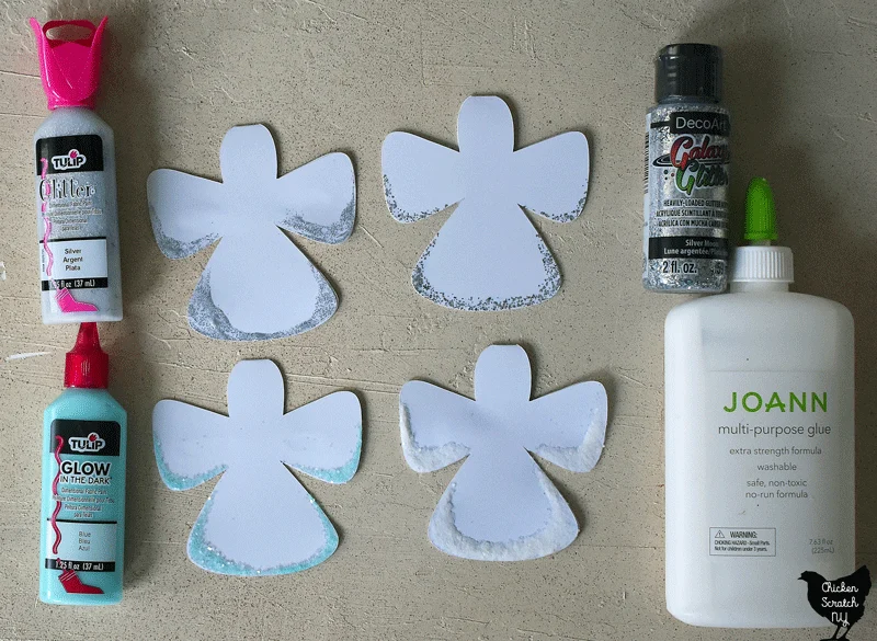 glue and glitter options for snow angel ornaments