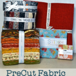 stack of quilting precuts including fat quarter bundle, layer cake, charm pack, mini charm pack, jelly roll and honey bun with text overlay "everything you need to know about precut fabric for quilting"